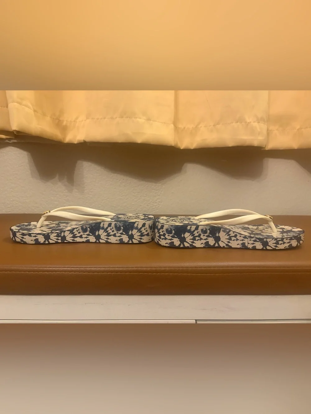 Tory Burch Cream Straps with Navy & White Tie-Dye Platform Sandals